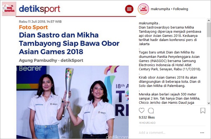 Dian Sastro-Mikha Tambayong Jadi Pembawa Obor Asian Games, Netter Pro Kontra