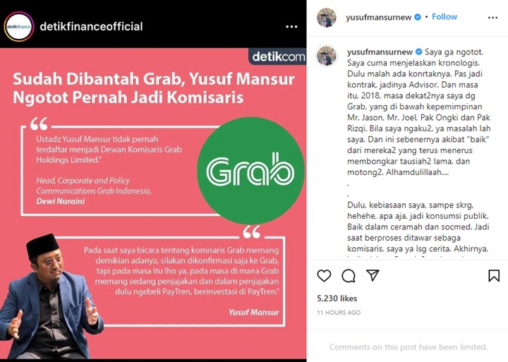 Bantah Ngotot Ustaz Yusuf Mansur Beberkan Bukti Pernah Jadi Komisaris Grab