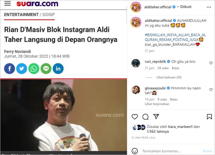 Instagram Diblokir Rian D\'Masiv di Depannya Langsung, Aldi Taher: Aku Suka