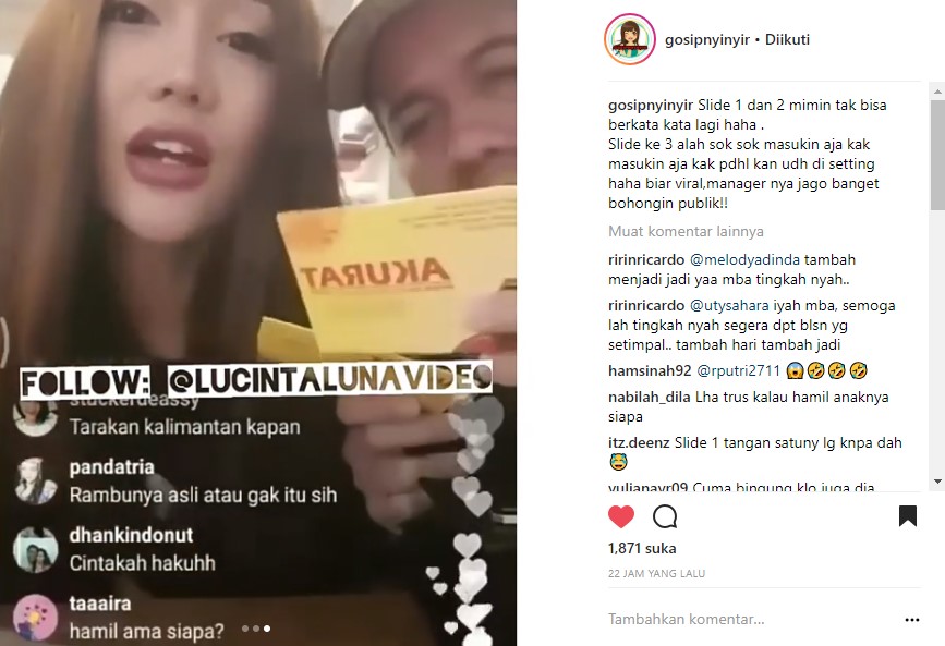 Lucinta Luna Live Instagram dan Pamer Test Pack Bareng Manajer Duo Bunga