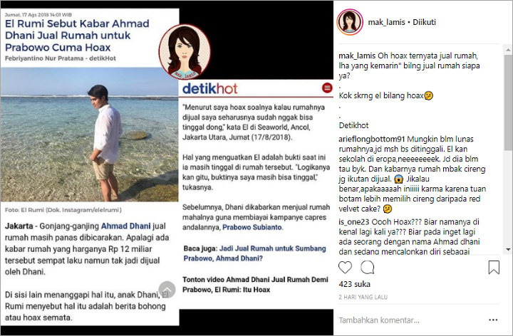 El Sebut Berita Ahmad Dhani Jual Rumah Demi Prabowo Hoax, Begini Reaksi Netter