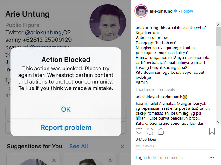 Akun Instagram Arie Untung Dianggap Berbahaya