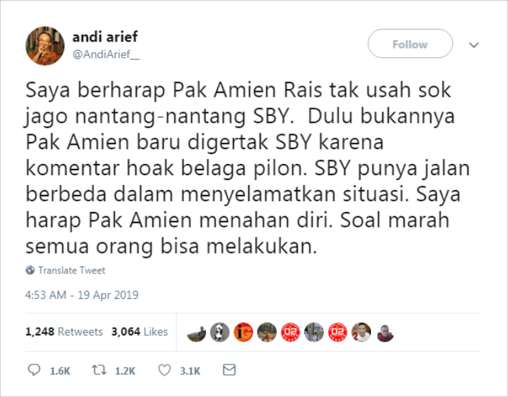 Andi Arief Tanggapi Amien Rais yang Sindir Tokoh Safety Player: Jangan Nantang Pak SBY
