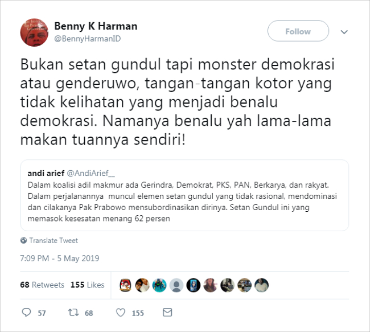 Andi Arief Singgung \'Setan Gundul\' di Kubu Prabowo, Demokrat Sebut Ada Benalu Demokrasi