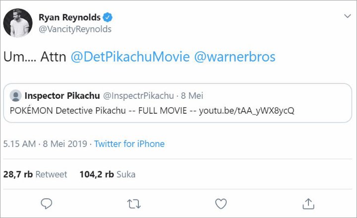 Ryan Reynolds Mendadak Bocorkan Seluruh Film \'Pokemon Detective Pikachu\' Secara Cuma-Cuma
