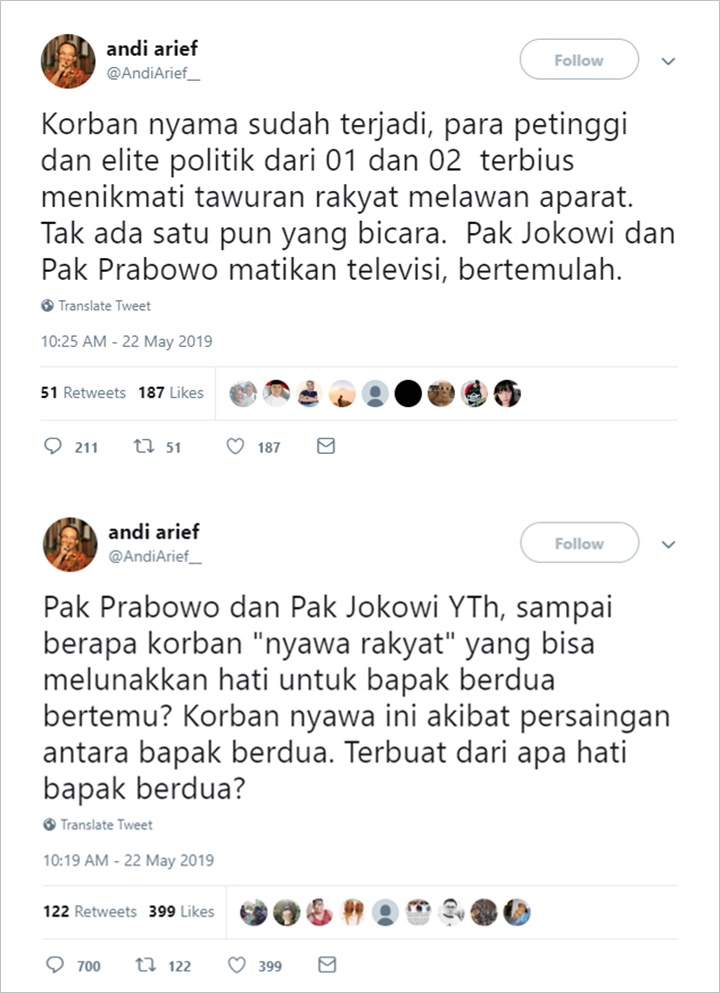 Aksi 22 Mei Makan Korban Jiwa, Andi Arief Minta Jokowi dan 