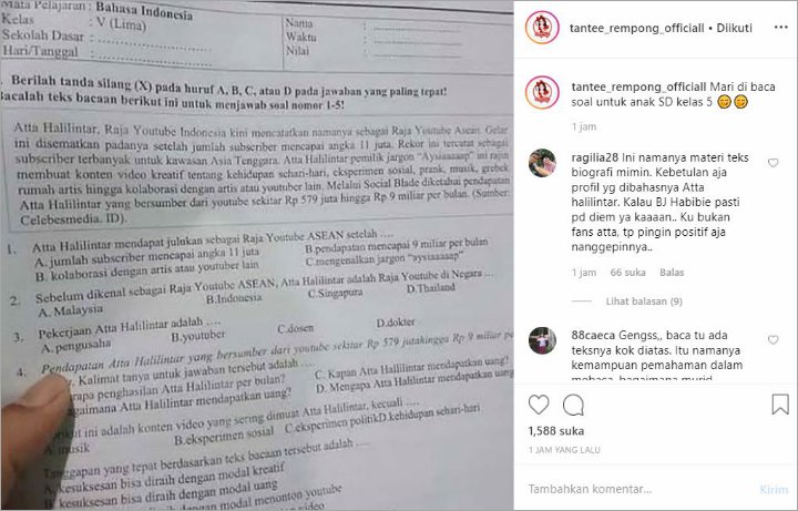 Netter Miris Lihat Nama Atta Halilintar Masuk dalam Soal Ujian Bahasa Indonesia Anak SD