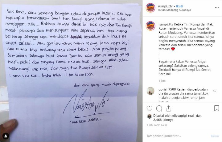 Vanessa Angel Tulis Surat Untuk Feni Rose dan Tim \'Rumpi\', Netter Nyesek Parah