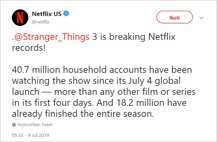 \'Stranger Things\' Season 3 Pecahkan Rekor Netflix sebagai Serial dengan Debut Terlaris