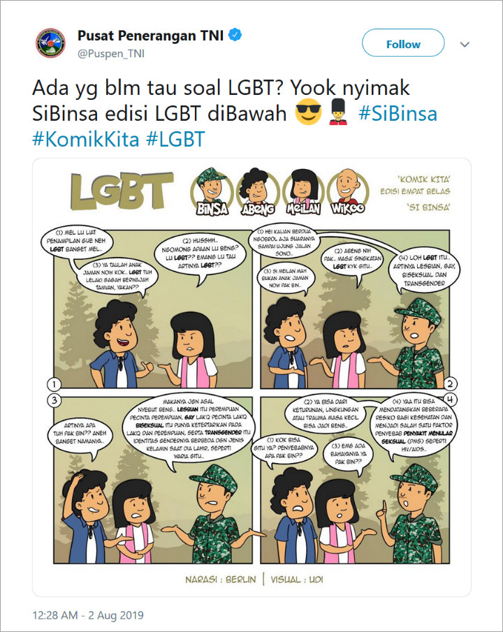 Unggah Komik Soal LGBT, Akun Twitter TNI Jadi Target Amukan Warganet