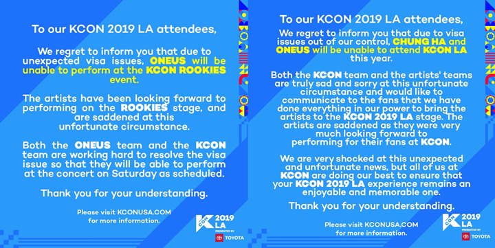 ONEUS Dan Kim Chung Ha Dipastikan Batal Tampil Dalam KCON 2019 LA Karena Terhalang Visa