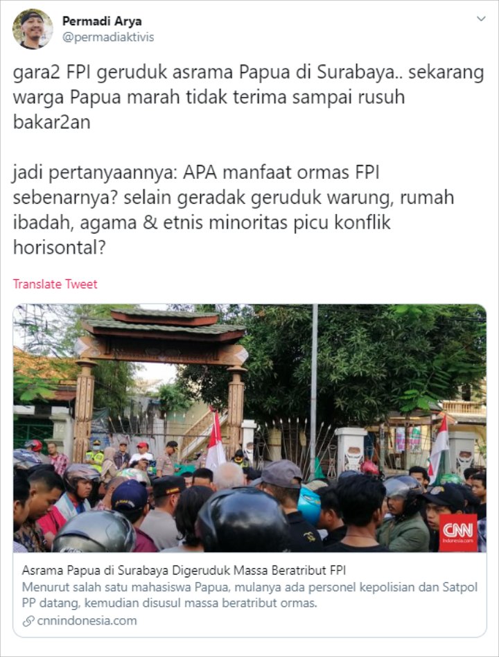 Sebar Hoaks Soal FPI dan Rasisme Mahasiswa Papua, Tagar #TangkapPermadiArya Mengemuka