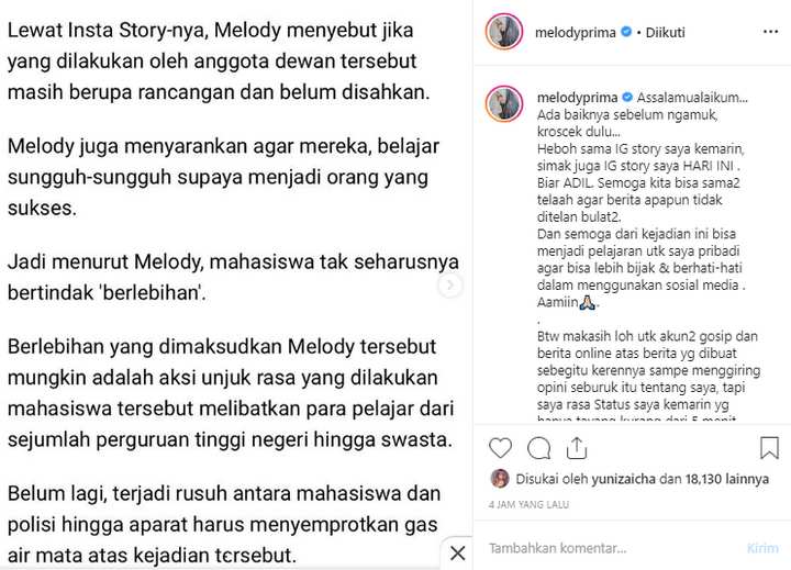 Melody Prima Minta Maaf Usai Nyinyir Demo Mahasiswa