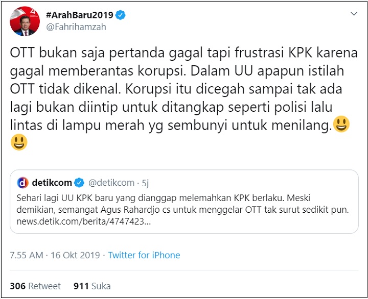 KPK Bertabur Prestasi, Reaksi Nyinyir Fahri Hamzah Tuai Kritik Pedas