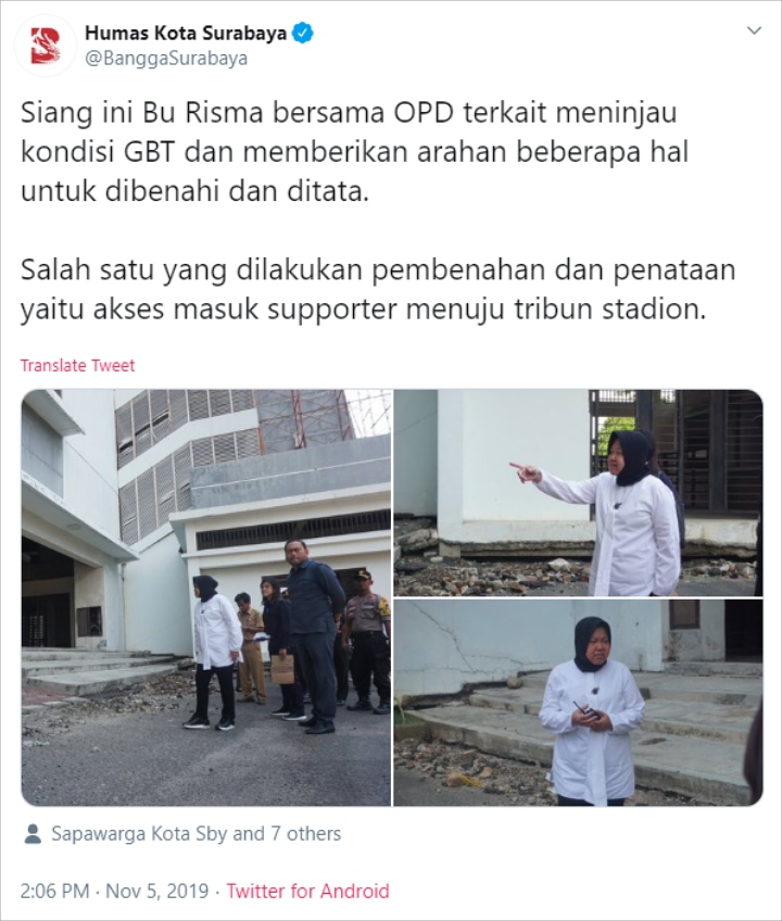 Inspeksi GBT, Walkot Surabaya Risma Minta Anak Buah Cium Bau Stadion