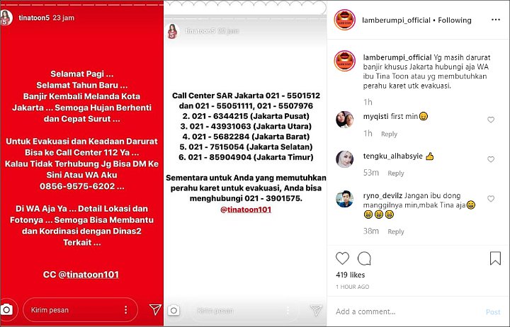Jadi Anggota DPD DKI Jakarta, Tina Toon Bagikan Info Ini Untuk Bantu Evakuasi Korban Banjir