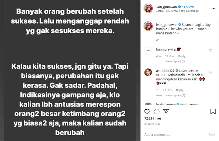 Postingan Instagram Ivan Gunawan