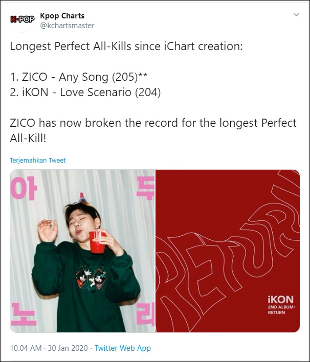 Zico \'Any Song\' Pecahkan Rekor iKON Dengan Tempati Perfect All Kill Terlama