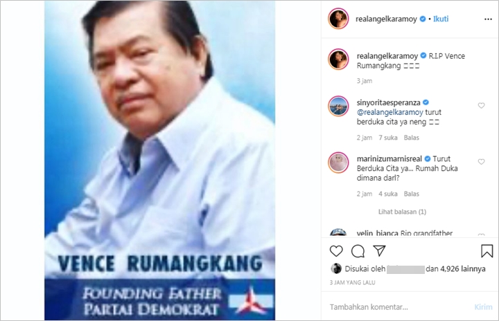 Mantan Mertua Sekaligus Pendiri Partai Demokrat Meninggal, Angel Karamoy Tulis Pesan Duka