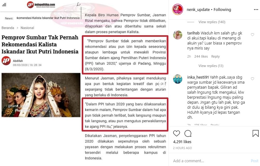 Puteri Indonesia 2020: Kalista Iskandar Disebut Bukan Rekomendasi Dari Pemprov Sumbar