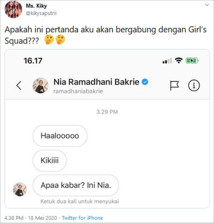 Di DM Nia Ramadhani, Kiky Saputri: Apa Ini Pertanda Aku Gabung dengan Girlsquad?