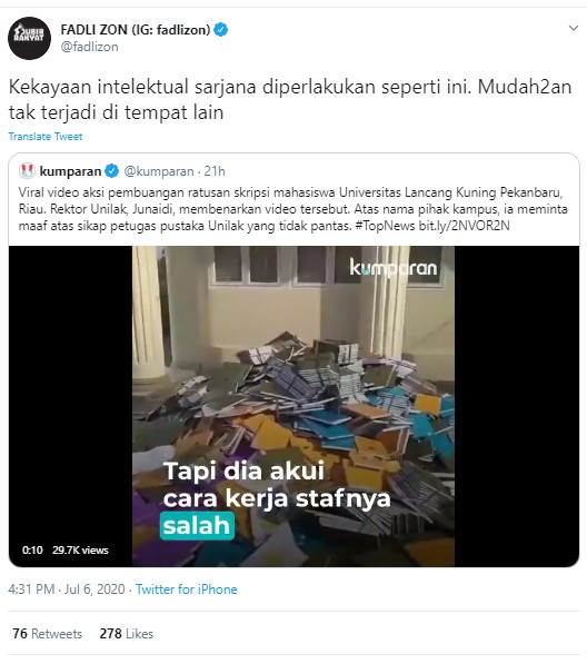 Fadli Zon Turut Beri Tanggapan Terkait Video Viral Skripsi yang Dibuang