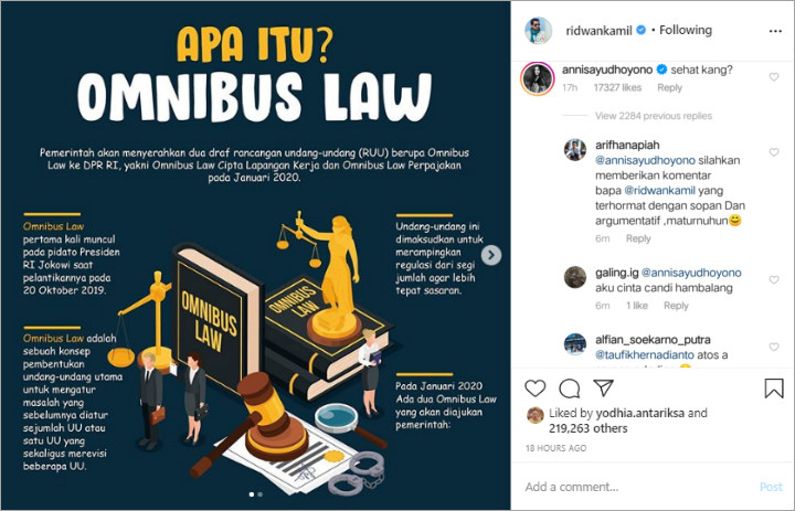 Annisa Pohan Komentari \'Sinis\' Postingan Ridwan Kamil Soal Omnibus Law, Ramai Kena Hujat
