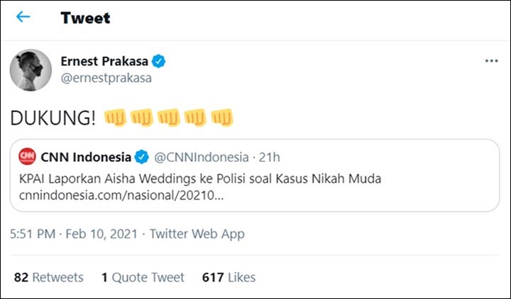 Ernest Prakasa Dukung KPAI Laporkan Aisha Weddings yang Promosikan Nikah di Bawah Umur
