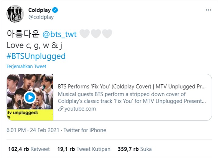 BTS Dapat Ucapan Apresiasi Dari Coldplay Pasca Nyanyikan Lagu \'Fix You\' Di MTV Unplugged