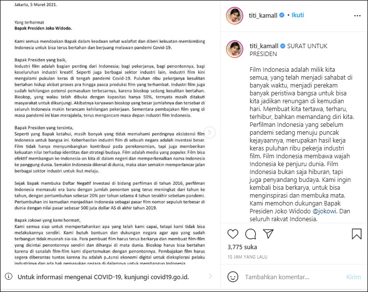 Titi Kamal Tulis Surat Terbuka Untuk Presiden Jokowi Bahas Industri Film Indonesia