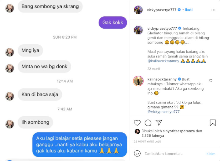 Vicky Prasetyo Dikatain Sombong Karena Tak Respon Cewek, Kalina Oktarani Beri Reaksi Begini