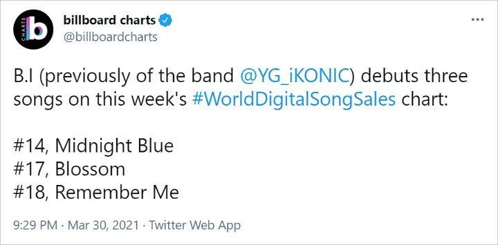 B.I Sukses Debutkan Tiga Lagu Di Chart World Digital Song Sales Billboard