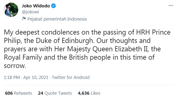  Pangeran Philip Meninggal Dunia, Presiden Jokowi Sampaikan Belasungkawa