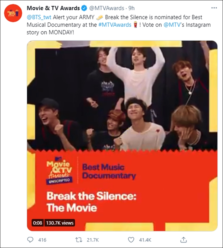 Dokumenter BTS \'Break The Silence\' Tembus 2 Nominasi MTV Movie & TV Awards 2021, Apa Saja?