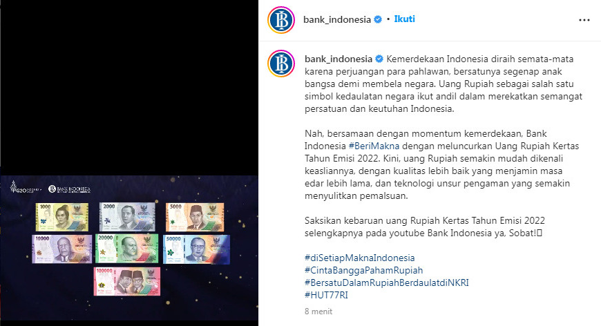 BI Luncurkan Uang Kertas Baru Hari Ini, Begini Penampakannya