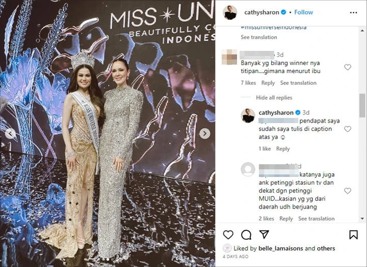 Jadi Juri, Cathy Sharon Tanggapi Rumor Pemenang Miss Universe Indonesia Cuma Titipan