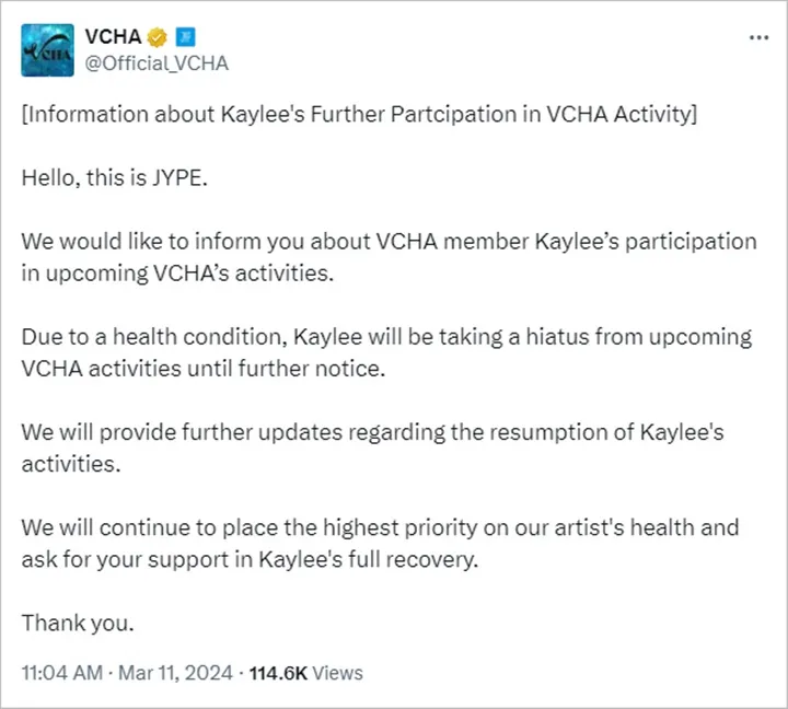 Kaylee VCHA Mendadak Dilaporkan Hiatus karena Alasan Kesehatan