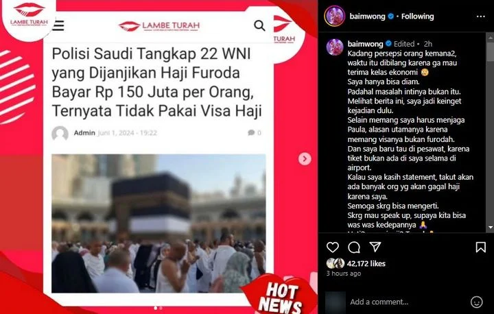Baim Wong Soroti Penangkapan 22 WNI Terkait Visa Haji