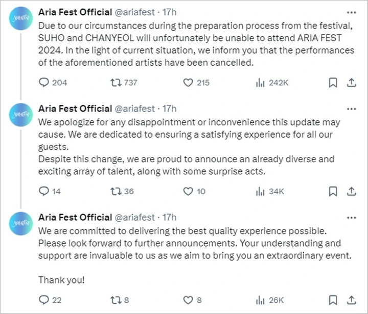 Penampilan Suho dan Chanyeol EXO di Aria Festival 2024 Mendadak Dibatalkan