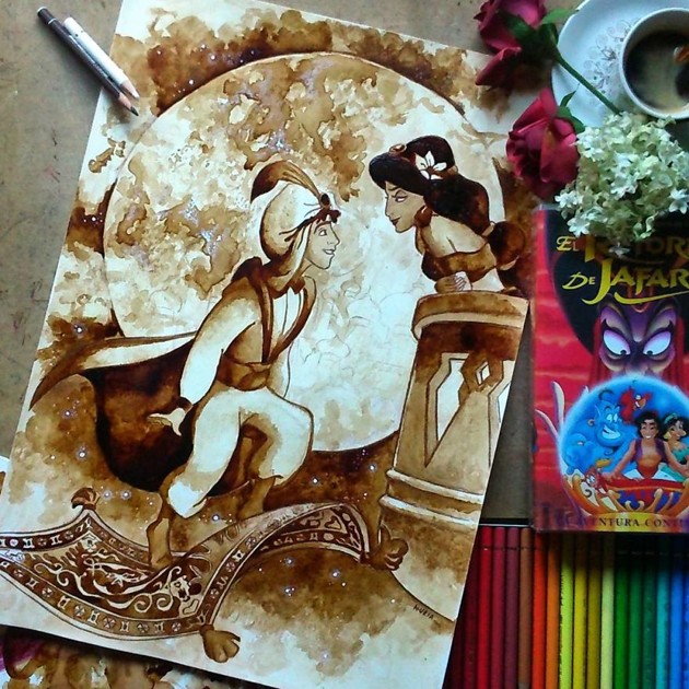 Gambar Foto Kemesraan Aladdin dan Putri Jasmine Diabadikan Nuria Salcedo dalam Lukisan Kopi Karyanya